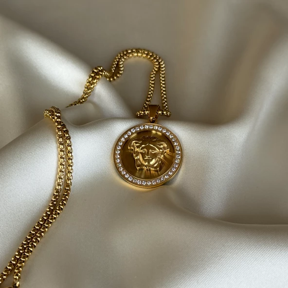 Taşlı Gold Medusa Model Kolye - Resim 3
