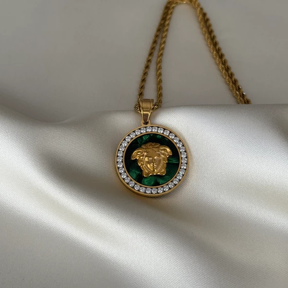 Taşlı Yeşil Medusa Model Kolye - Resim 4