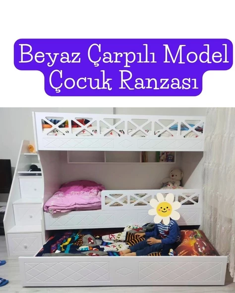 Beyaz Çarpılı Model Çocuk Ranzası