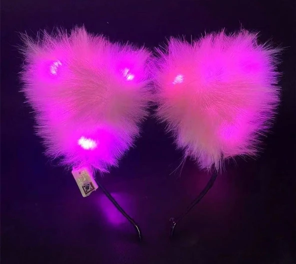 Pembe Peluşlu Pofuduk Kürklü Led Işıklı Lüks Parti Tacı 20x18 cm