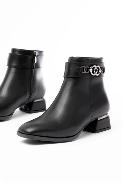 Siyah Toka Aksesuarlı Topuklu Fermuarlı Günlük Kadın Bot - 5