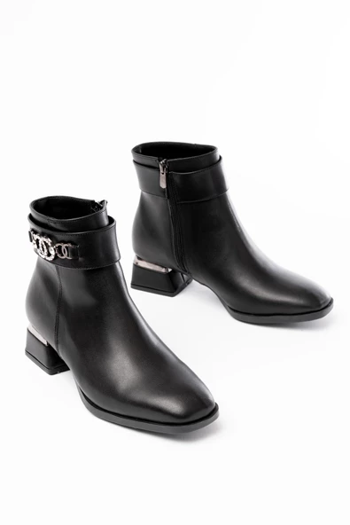 Siyah Toka Aksesuarlı Topuklu Fermuarlı Günlük Kadın Bot - 3