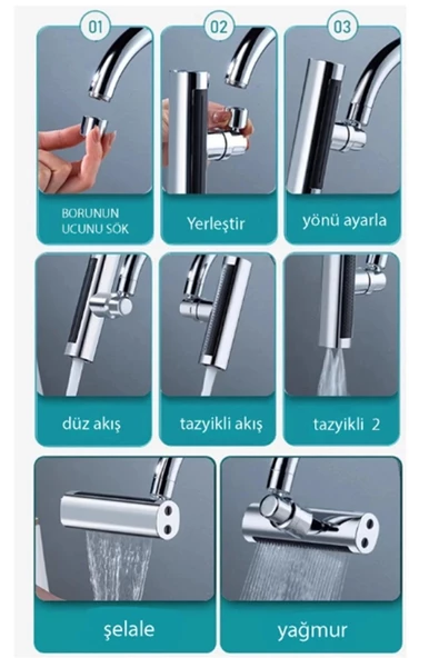 Krom Tasarruflu Şelale Musluk Başlığı 4 Modlu, Ayarlanabilir, Su Tasarrufu Sağlayan Pratik Başlık - 2