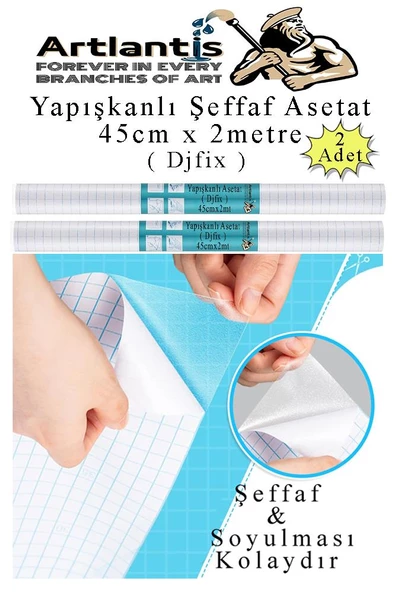 Yapışkanlı Şeffaf Asetat 2 Adet 45cm x 2 metre Djfix Kendinden Yapışkanlı Şeffaf Rulo Asetat Transparan Soğuk Laminasyon - 1