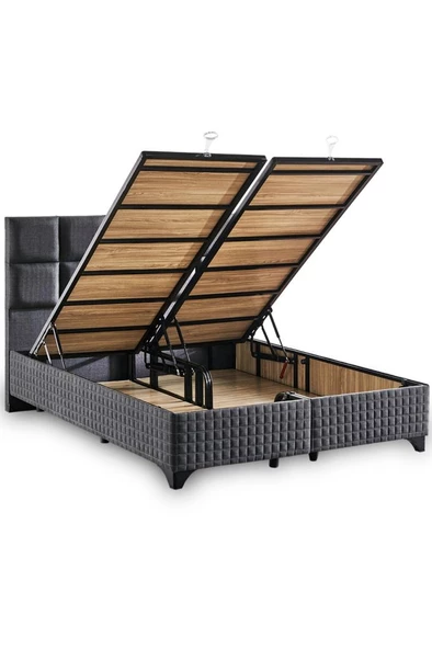 Star Baza ve Başlık Seti 140x190 cm Çift Kişilik Antrasit Keten Kumaşlı Lüks Baza ve Başlık Takımı - Resim 2