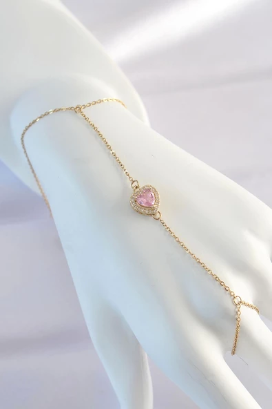 316L Çelik Gold Renk Pembe Zirkon Taşlı Kalp Model Şahmeran - TJ-SN583