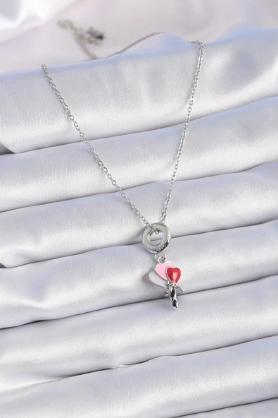 316L Çelik Gümüş Renk Renkli Kalp Figür Charm Model Kadın Kolye - Resim 2