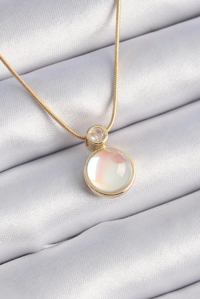 316L Çelik Gold Renk Beyaz Sedefli Vintage Kadın Kolye ürün görseli 1