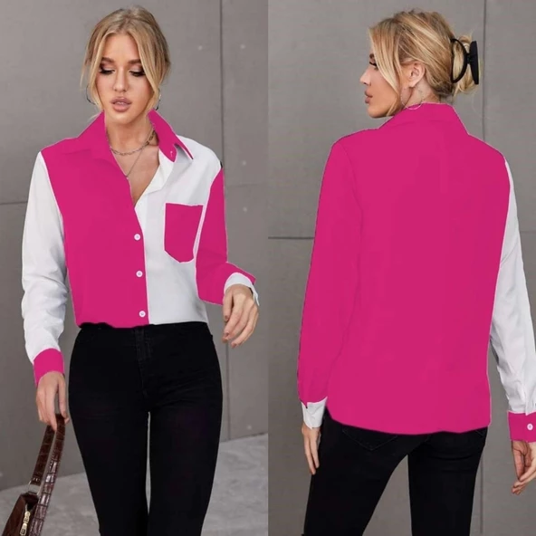 Kadın Uzun Kollu Büyük Yaka Cep Detaylı Trikoton Gömlek - Resim 3