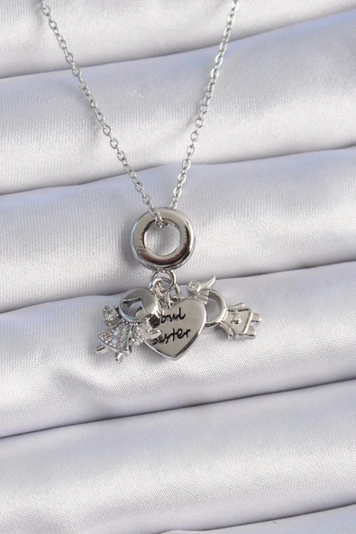 316L Çelik Gümüş Renk Zirkon Taş Detay Çocuk Figür Charm Model Kadın Kolye ürün görseli 1