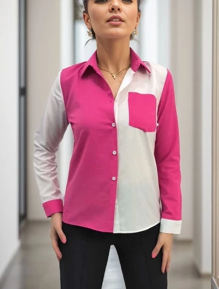 Kadın Uzun Kollu Büyük Yaka Cep Detaylı Trikoton Gömlek - Resim 6