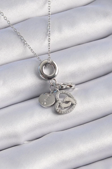 316L Çelik Gümüş Renk Zirkon Taş Detay Kalp Model Charm Kadın Kolye ürün görseli 1