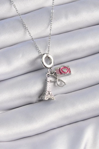 316L Çelik Gümüş Renk Eyfel Kule Fotoğraf Makinesi Model Charm Kadın Kolye ürün görseli 1