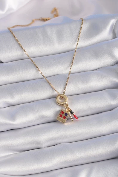 316L Çelik Gold Renk Makyaj Paleti Figür Charm Model Kadın Kolye - 2