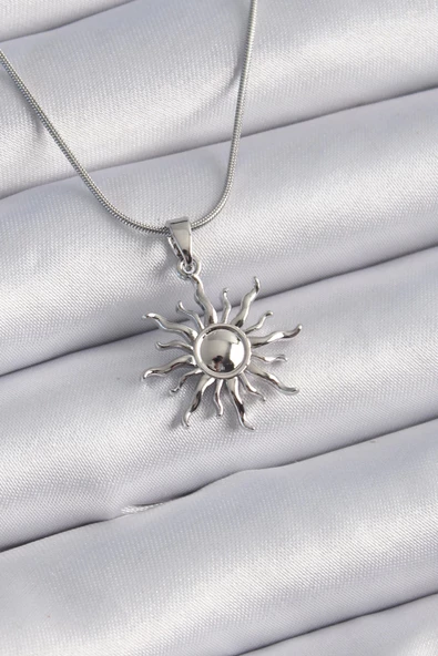 316L Çelik Gümüş Renk Güneş Model Vintage Kadın Kolye ürün görseli 1