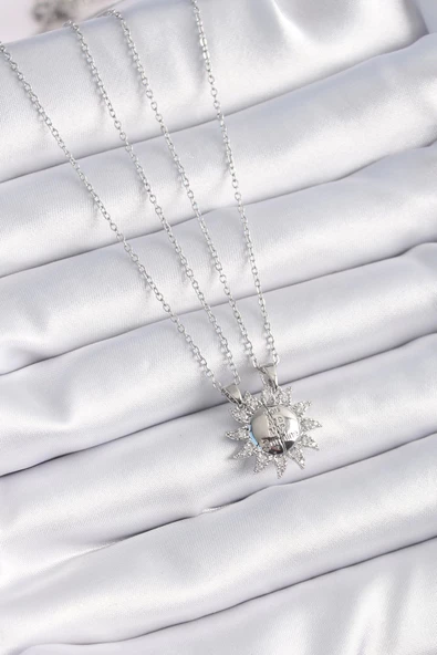 316L Çelik Gümüş Renk Zirkon Taşlı Güneş Model İşleme Yazı Detay Arkadaşlık Kolyesi - Resim 3