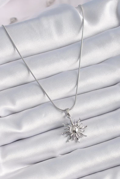 316L Çelik Gümüş Renk Güneş Model Vintage Kadın Kolye - Resim 2