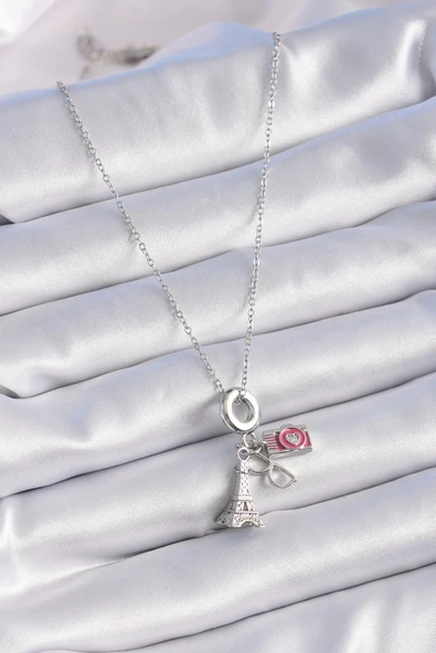 316L Çelik Gümüş Renk Eyfel Kule Fotoğraf Makinesi Model Charm Kadın Kolye - Resim 2