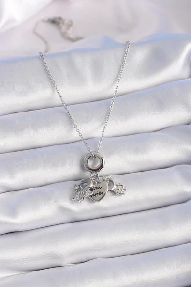 316L Çelik Gümüş Renk Zirkon Taş Detay Çocuk Figür Charm Model Kadın Kolye - Resim 2