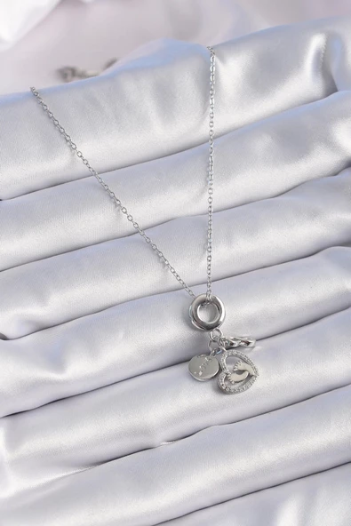 316L Çelik Gümüş Renk Zirkon Taş Detay Kalp Model Charm Kadın Kolye - Resim 2