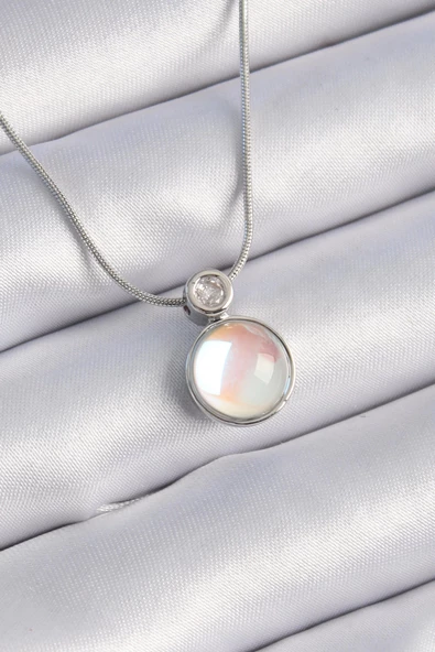 316L Çelik Gümüş Renk Beyaz Sedefli Vintage Model Kadın Kolye ürün görseli 1