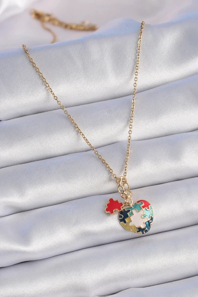 316L Çelik Gold Renk Yapboz Motif Kalp Figür Charm Model Kadın Kolye - Resim 2