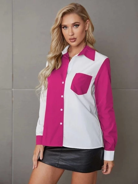 Kadın Uzun Kollu Büyük Yaka Cep Detaylı Trikoton Gömlek - Resim 5