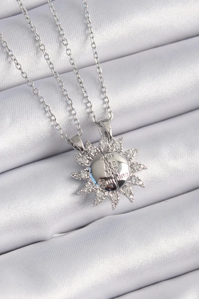 316L Çelik Gümüş Renk Zirkon Taşlı Güneş Model İşleme Yazı Detay Arkadaşlık Kolyesi - Resim 2