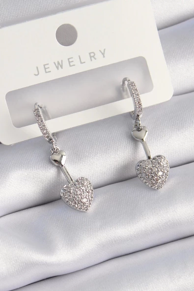 Pirinç Gümüş Renk Zirkon Taşlı Sallantı Kalp Model Kadın Küpe ürün görseli 1