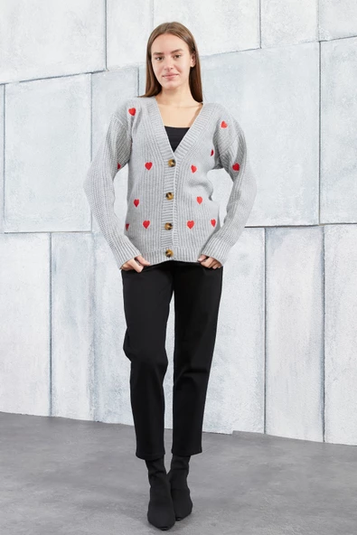 Lugmo Kadın Triko Hırka Kalpli Standart Beden Gri - 6