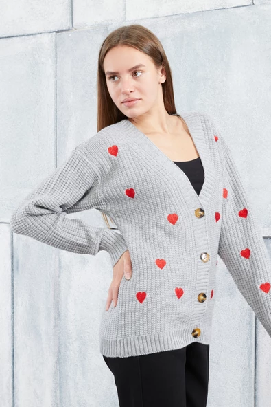 Lugmo Kadın Triko Hırka Kalpli Standart Beden Gri - 2