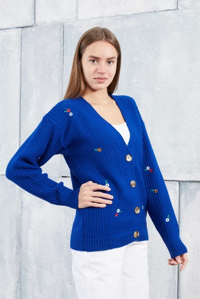 Lugmo Kadın Triko Hırka Çiçek Standart Beden Saks - 4