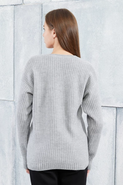 Lugmo Kadın Triko Hırka Kalpli Standart Beden Gri - 7