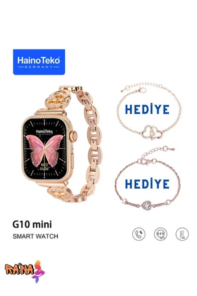 Haino Teko Watch 9 Akıllı Saat 41mm G10 Mini Gold Kadın Akıllı Saat 3 Kordon Ve Bileklik Hediyeli