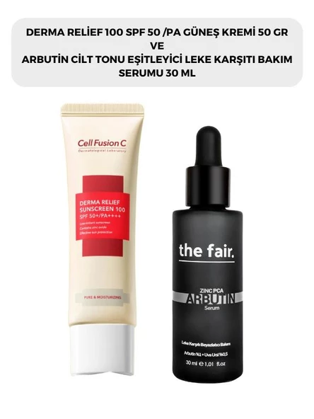 Cell Fusion C Derma Relief 100 Spf 50 /pa Güneş Kremi 50 gr ve the fair. Arbutin Cilt Tonu Eşitleyici Leke Karşıtı Bakım Serumu 30 ml