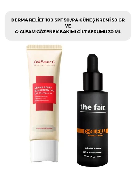 Cell Fusion C Derma Relief 100 Spf 50 /pa Güneş Kremi 50 gr ve the fair. C-gleam Gözenek Bakımı Cilt Serumu 30 ml