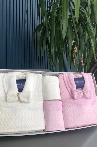 Diamond Jakarlı 10 Parça Aile Bornoz Takımı Krem Pudra