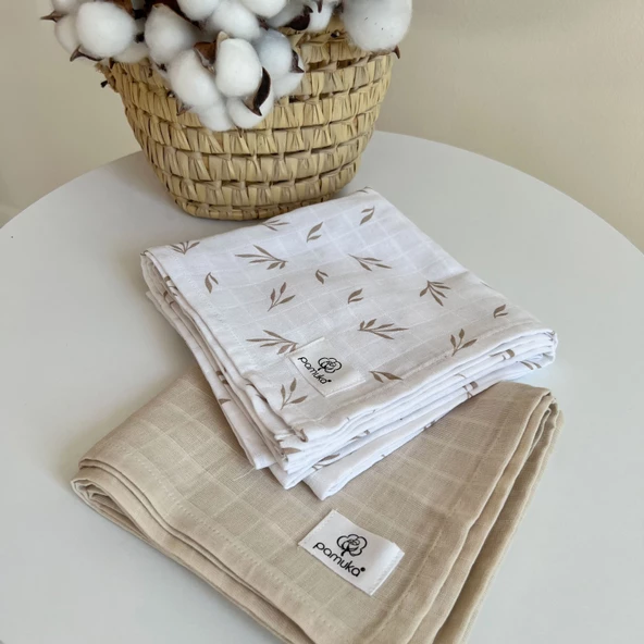Pamuka 2'li Müslin Battaniye Yaprak-Bej - Resim 2