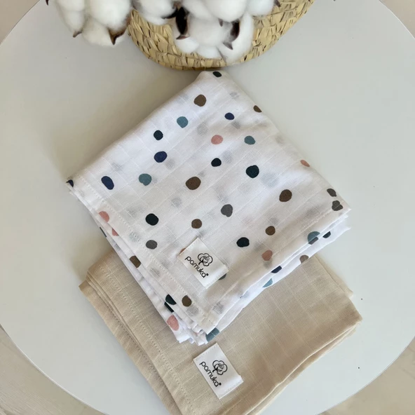 Pamuka 2'li Müslin Battaniye Puantiye-Bej - 2