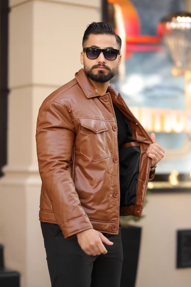 ERKEK GÖĞÜS CEP DETAYLI KIŞLIK DERİ MONT - 6