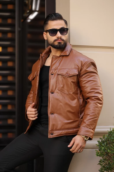 ERKEK GÖĞÜS CEP DETAYLI KIŞLIK DERİ MONT - 7