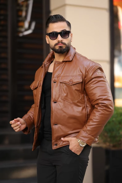 ERKEK GÖĞÜS CEP DETAYLI KIŞLIK DERİ MONT - 5