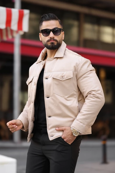 ERKEK GÖĞÜS CEP DETAYLI KIŞLIK DERİ MONT - 10