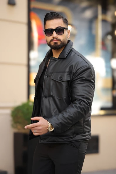 ERKEK GÖĞÜS CEP DETAYLI KIŞLIK DERİ MONT - 2