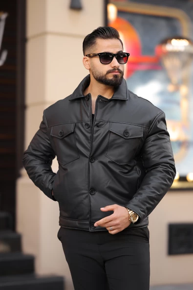 ERKEK GÖĞÜS CEP DETAYLI KIŞLIK DERİ MONT - 3