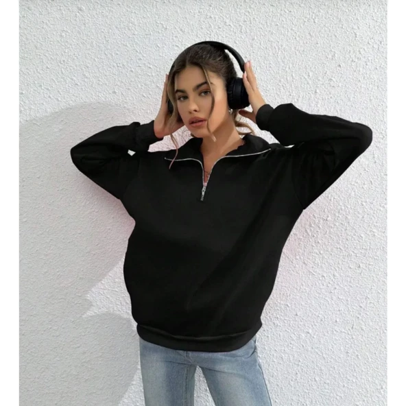 Unisex Uzun Kol Yarım Farmuarlı Yakalı Basic SweatShirt - Siyah - 4