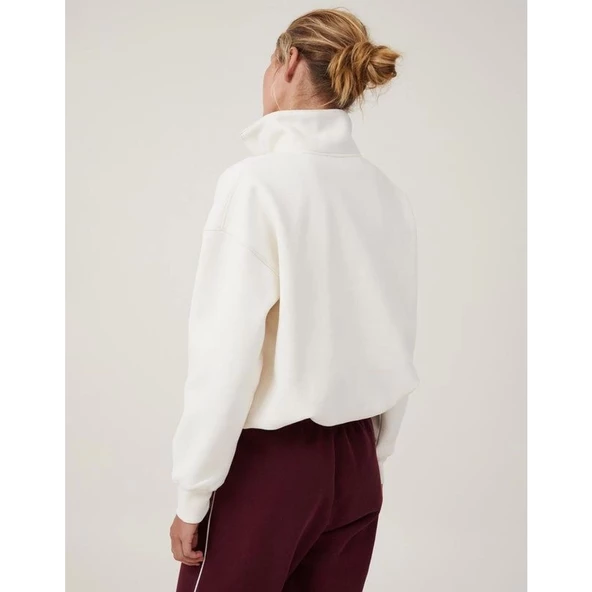 Oversize Yarım Farmuarlı Yakalı Basic SweatShirt - Beyaz - 3