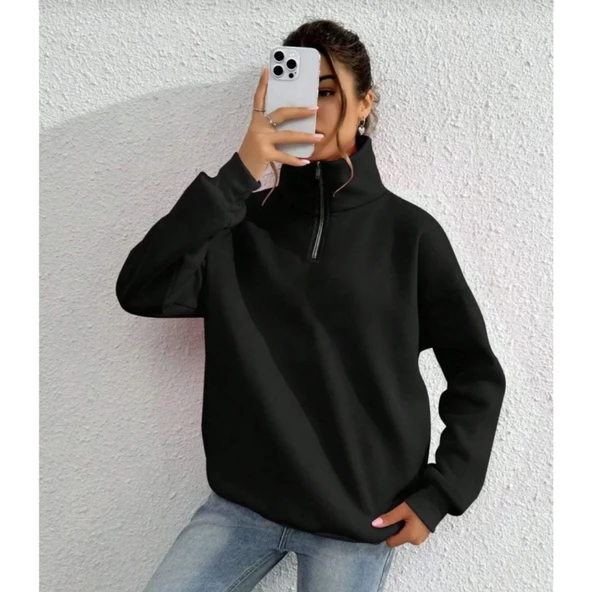 Unisex Uzun Kol Yarım Farmuarlı Yakalı Basic SweatShirt - Siyah - 2
