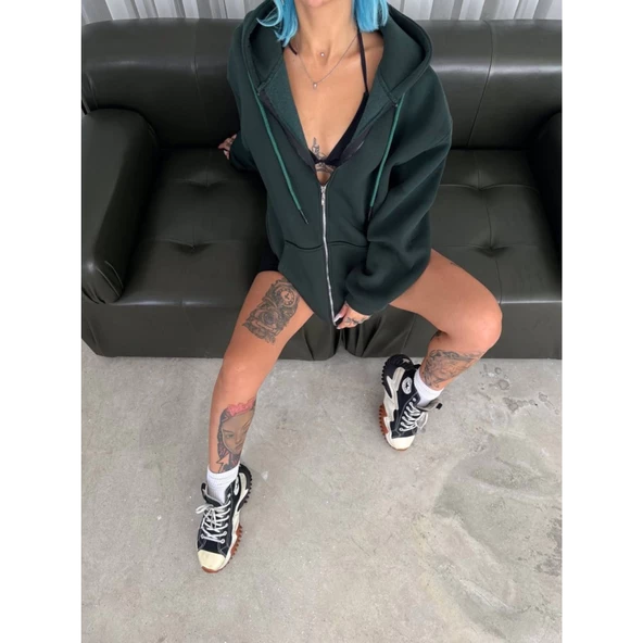 Oversize Tam Fermuarlı Uzun Kol Hırka - Haki - 2