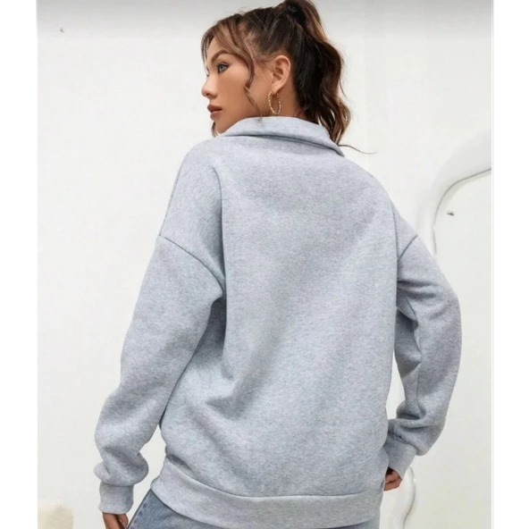 Unisex Uzun Kol Yarım Farmuarlı Yakalı Basic SweatShirt - Gri - 3